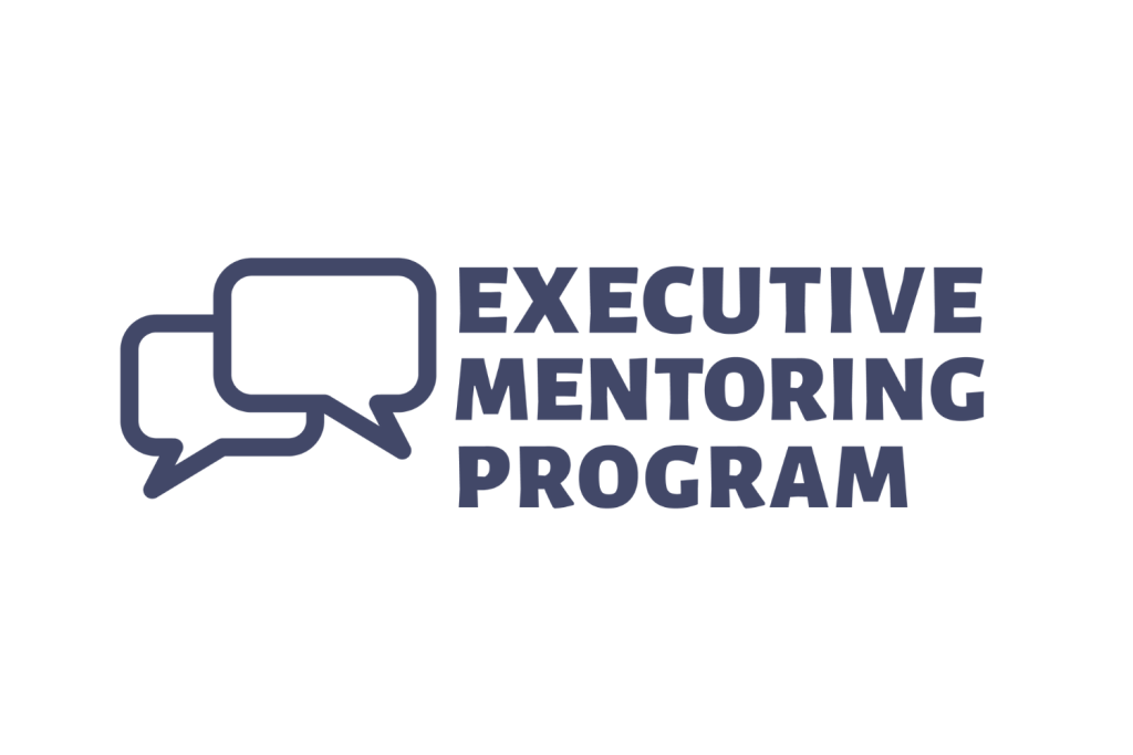 Executive Mentoring Program The logo for the Executive Mentoring Program, featuring an icon of two overlapping speech bubbles in dark blue to the left of the stacked, dark blue text.