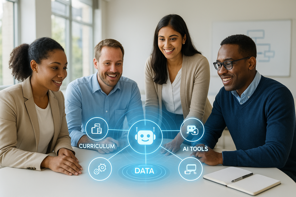 ai a diverse group of educators in a modern, sunlit professional development room, collaborating around a holographic interface displaying a strategic flowchart. The flowchart contains icons for 'curriculum,' 'data,' and 'AI tools.'