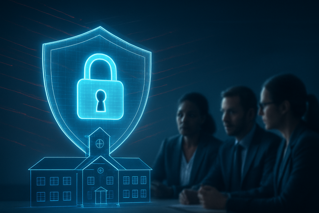 cybersecurity a transparent, glowing digital shield emblazoned with a padlock icon, protecting a school building.