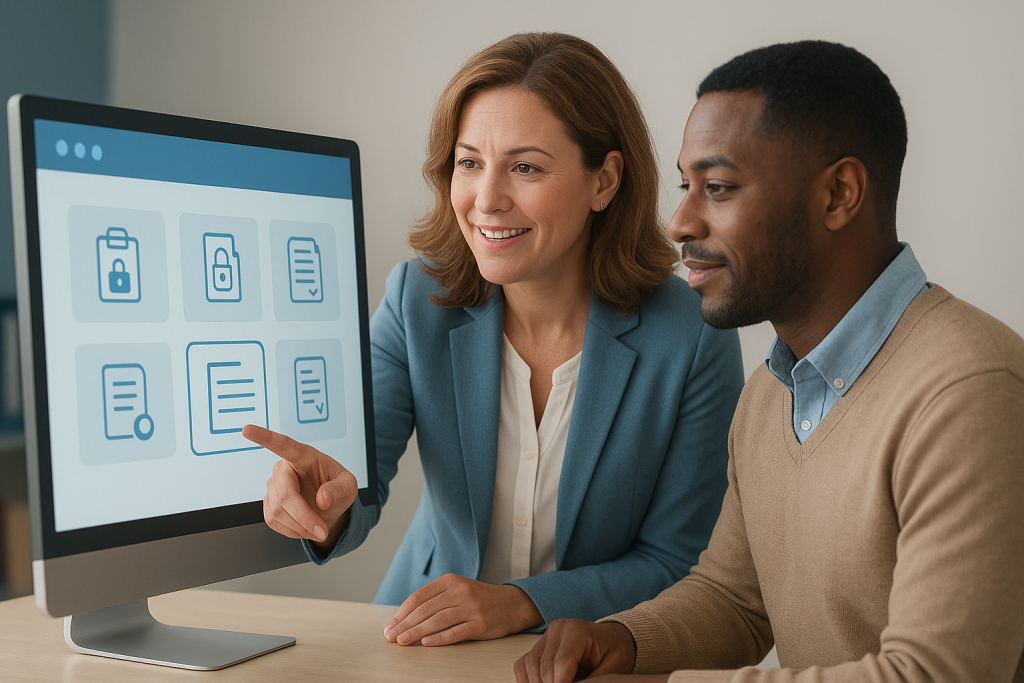 data a professional coach, friendly and approachable, guiding a school administrator through a well-organized, digital library or portal.