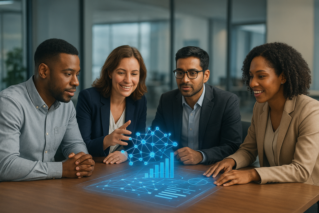 tech a collaborative scene of a diverse group of technology leaders sitting around a conference table.